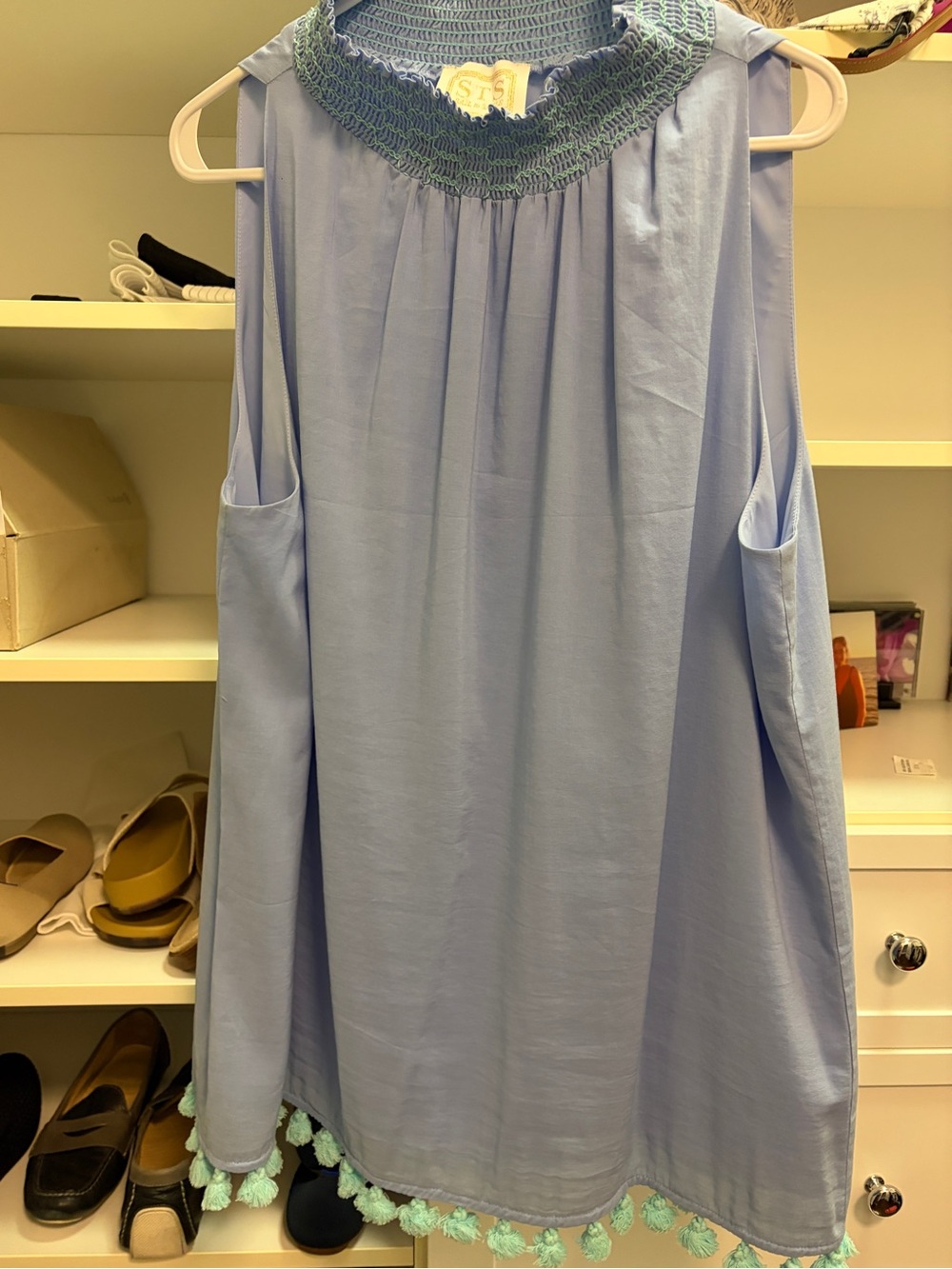 Sail to Sable Light Blue Sleeveless Smocked Neck Top with Mint Pom Trim